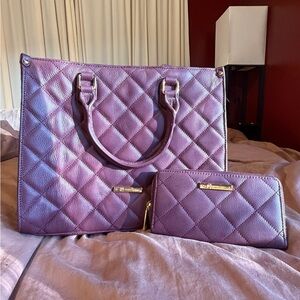 Joy‎ Mangano First Class Luxury Leather Quilted Handbag & Clutch Wallet Red Wine